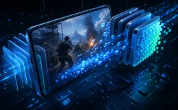 Android 17 bellek limitleri kapsamında mobil oyun bellek yönetimini anlatan soyut telefon görseli.