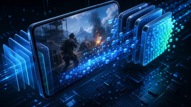 Android 17 bellek limitleri kapsamında mobil oyun bellek yönetimini anlatan soyut telefon görseli.