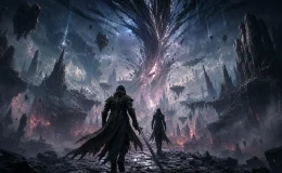 Code Vein II Mask of Idris için The Forsaken World benzeri parçalanmış alanda ilerleyen maceracıları gösteren temsili görsel.