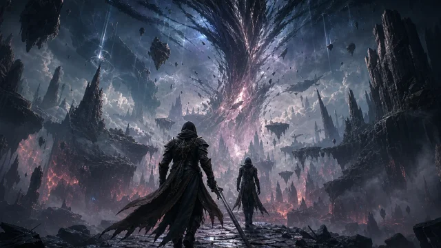 Code Vein II Mask of Idris için The Forsaken World benzeri parçalanmış alanda ilerleyen maceracıları gösteren temsili görsel.