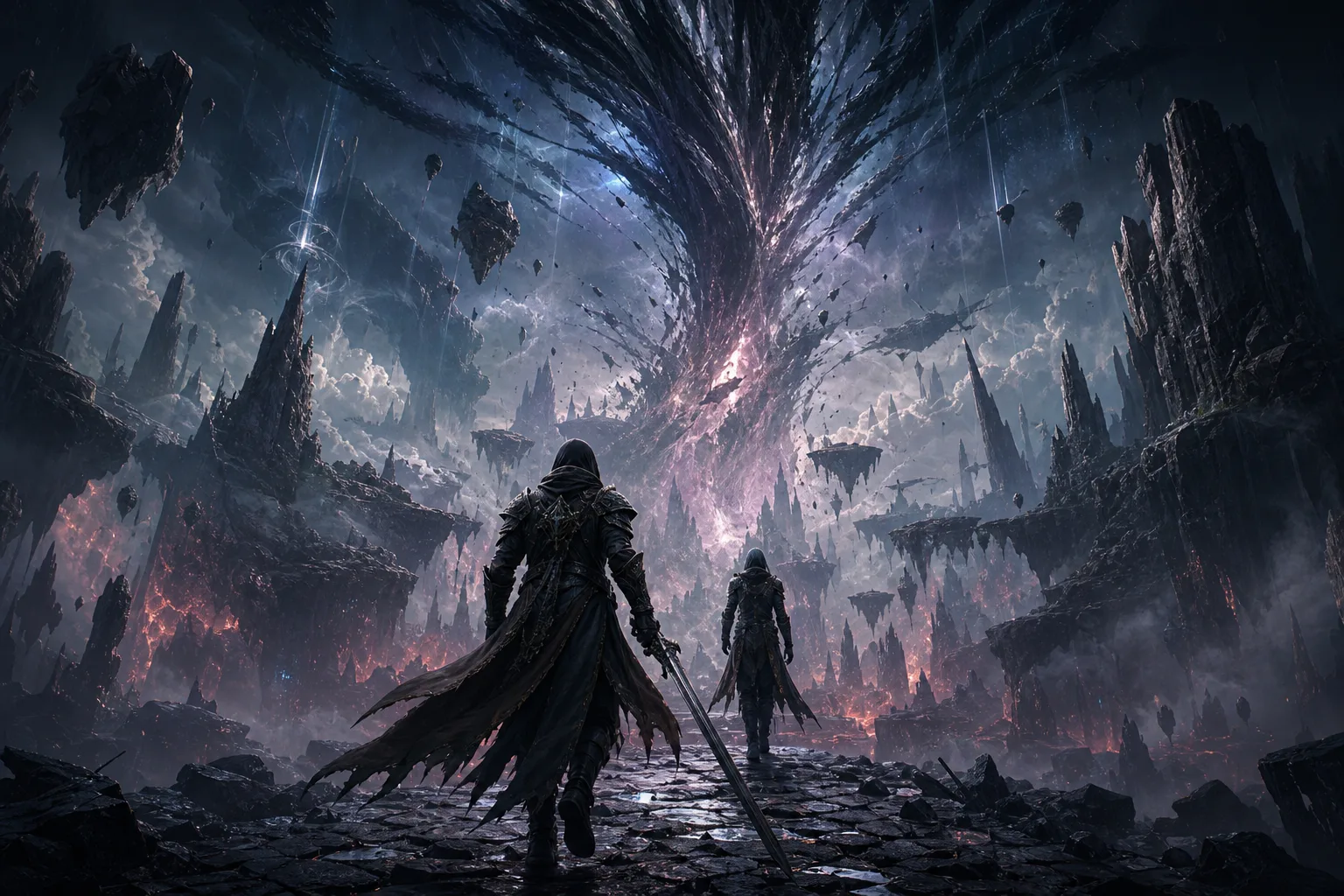 Code Vein II Mask of Idris için The Forsaken World benzeri parçalanmış alanda ilerleyen maceracıları gösteren temsili görsel.