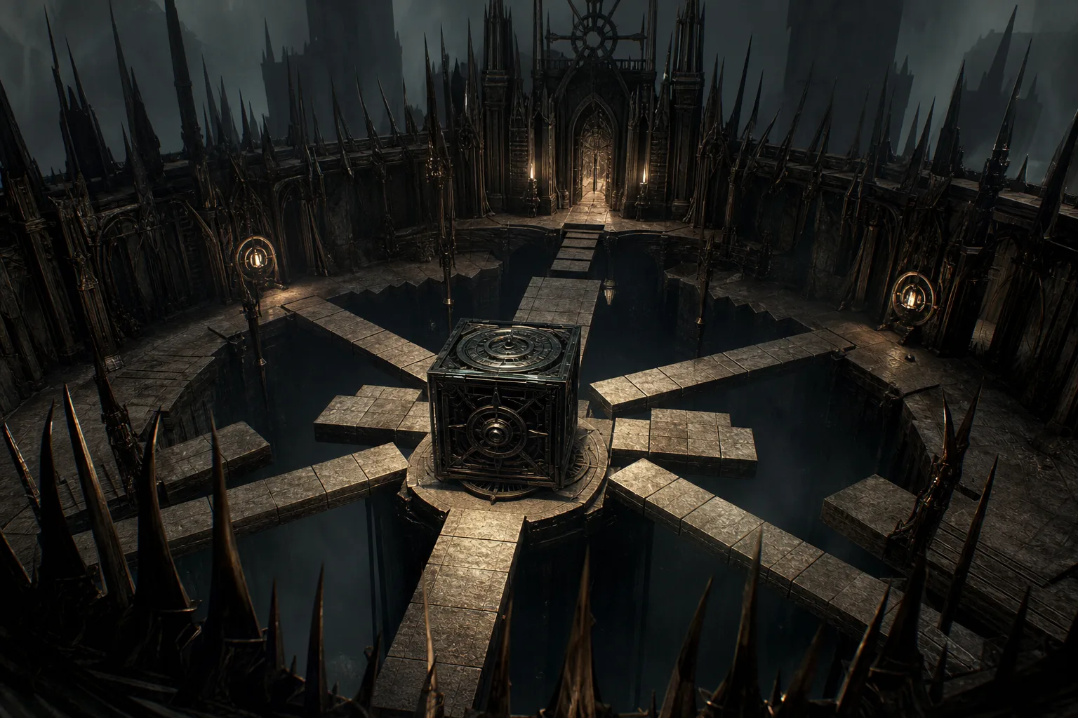 Hellraiser: Revival bulmacaları içinde Genesis Configuration ile hizalanan geçitleri temsil eden görsel.