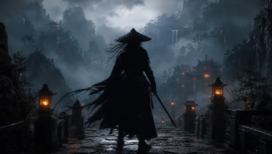 Phantom Blade Zero için karanlık wuxia dünyasını çağrıştıran özgün dövüşçü silüeti görseli.