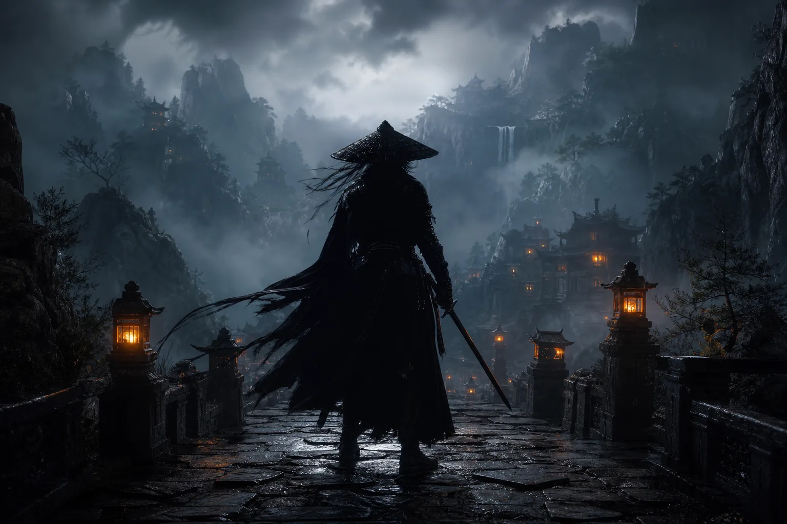 Phantom Blade Zero için karanlık wuxia dünyasını çağrıştıran özgün dövüşçü silüeti görseli.