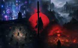 PlayStation Share of the Week Katana seçkisini temsil eden soyut katana ve farklı oyun atmosferleri.