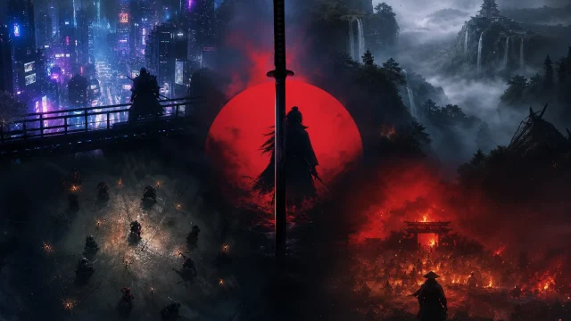 PlayStation Share of the Week Katana seçkisini temsil eden soyut katana ve farklı oyun atmosferleri.