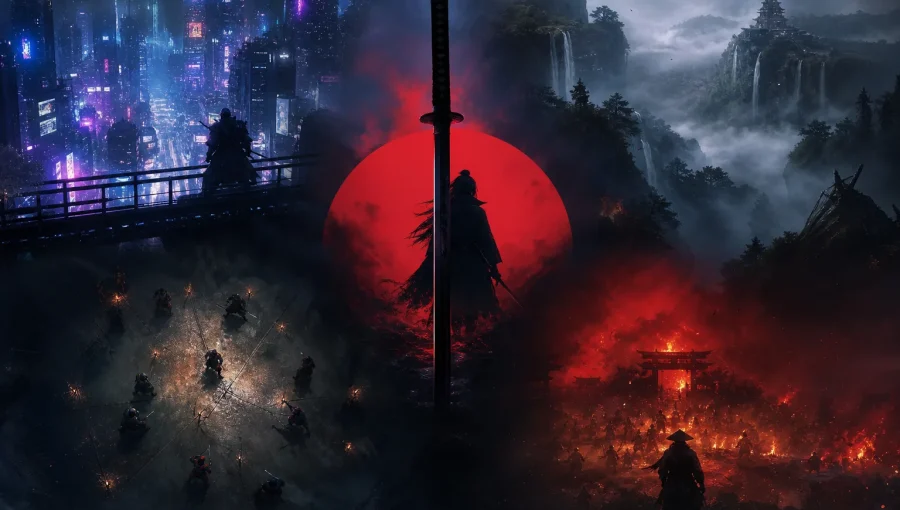 PlayStation Share of the Week Katana seçkisini temsil eden soyut katana ve farklı oyun atmosferleri.