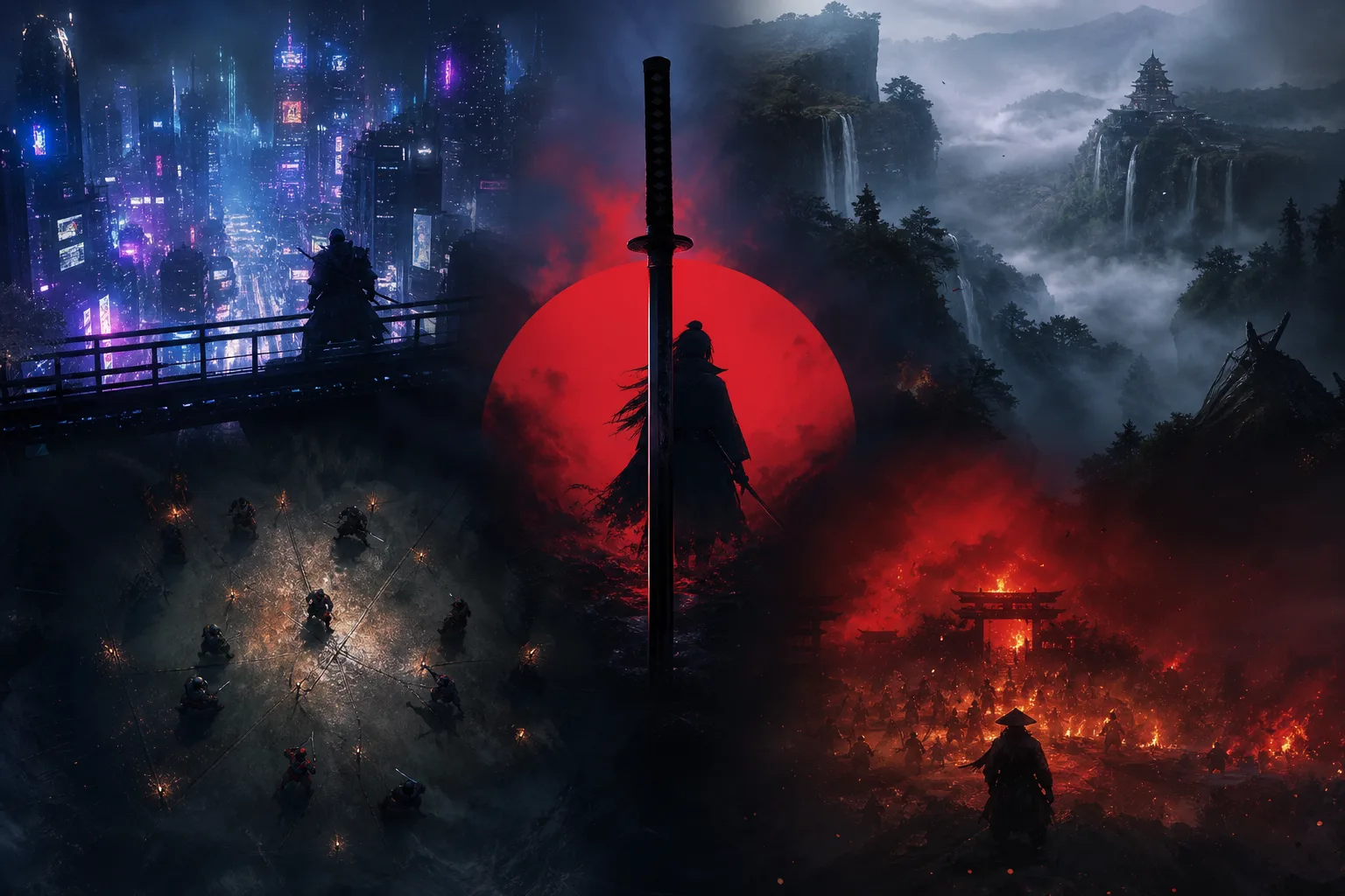 PlayStation Share of the Week Katana seçkisini temsil eden soyut katana ve farklı oyun atmosferleri.