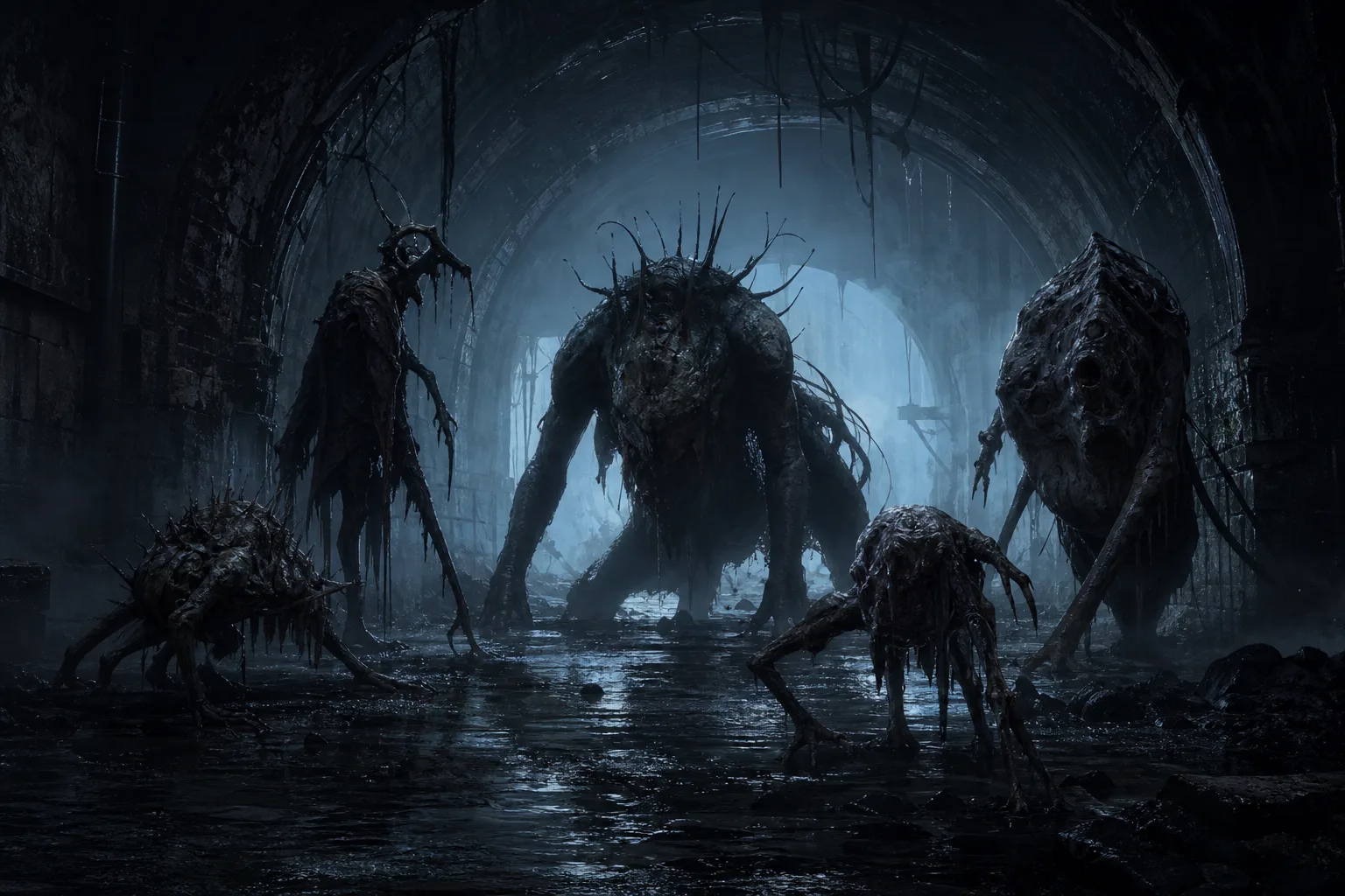 The Sinking City 2 PS5 düşmanlarını çağrıştıran özgün karanlık konsept illüstrasyonu.