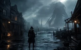 The Sinking City 2 PS5 için sel altındaki Arkham’ı gösteren karanlık konsept görseli.