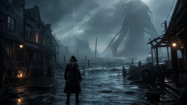 The Sinking City 2 PS5 için sel altındaki Arkham’ı gösteren karanlık konsept görseli.