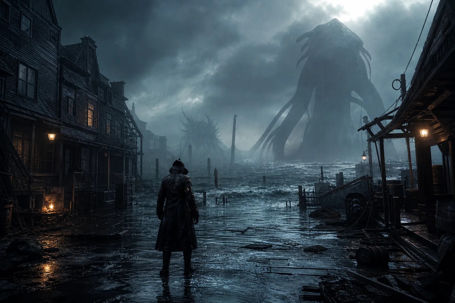 The Sinking City 2 PS5 için sel altındaki Arkham’ı gösteren karanlık konsept görseli.