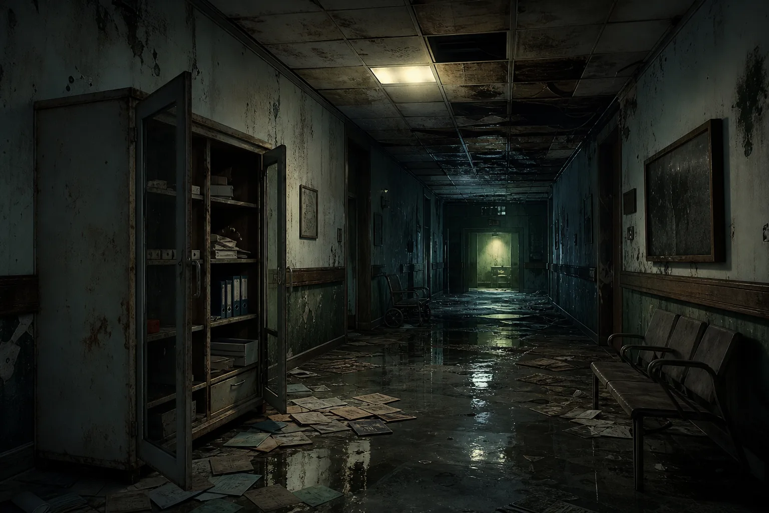 The Sinking City 2 içindeki araştırma ve keşif hissini yansıtan terk edilmiş hastane koridoru görseli.