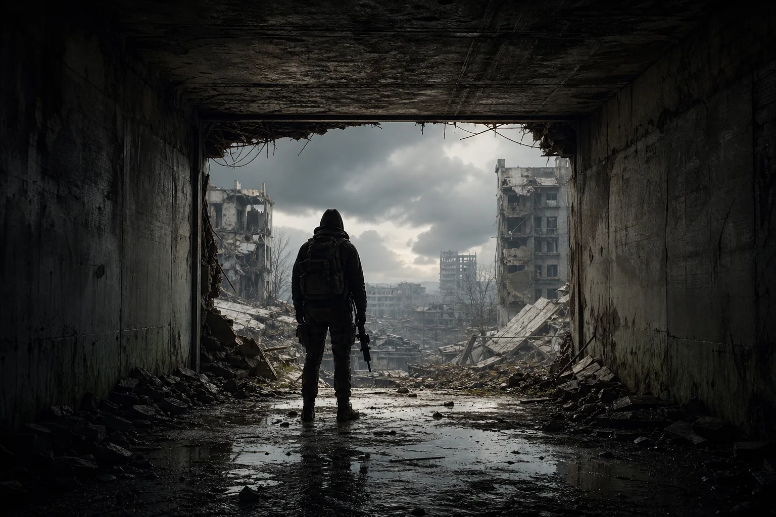 Metro 2039 atmosferinde tünelden yıkık şehir yüzeyine çıkan ekipmanlı yolcunun temsili görseli.