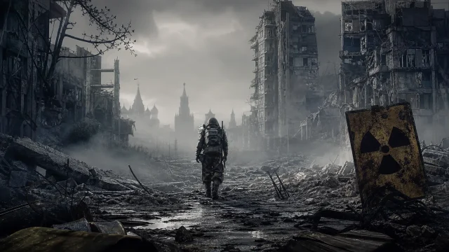 Metro 2039 için yıkılmış Moskova yüzeyinde ilerleyen zırhlı gezgini gösteren temsili görsel.