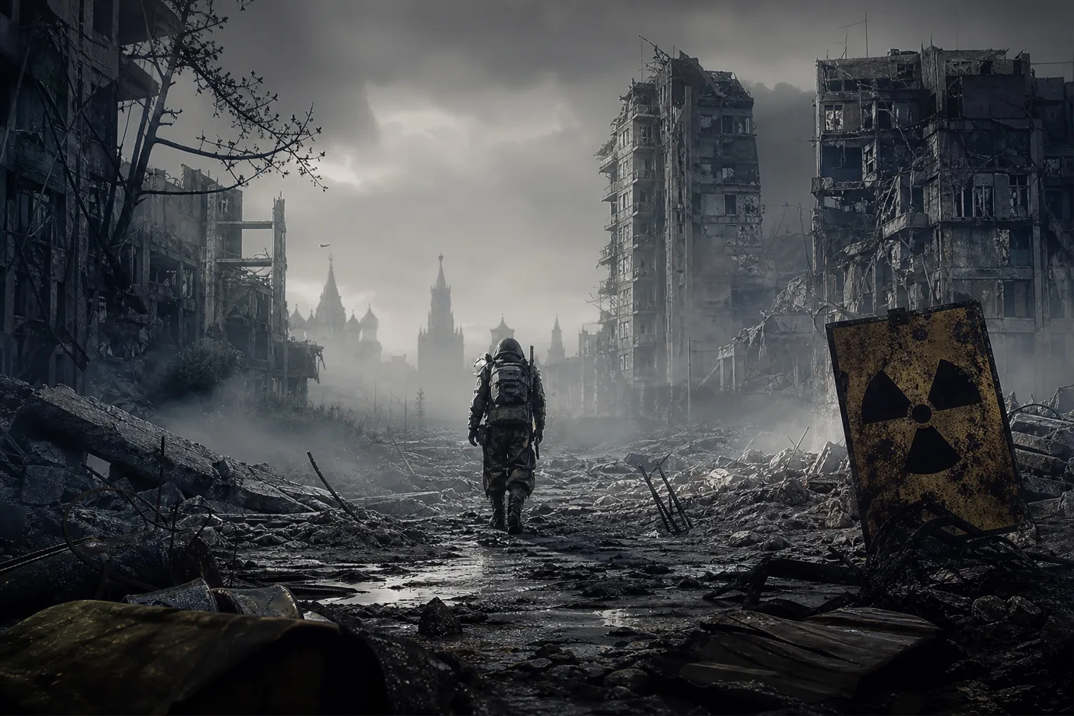 Metro 2039 için yıkılmış Moskova yüzeyinde ilerleyen zırhlı gezgini gösteren temsili görsel.